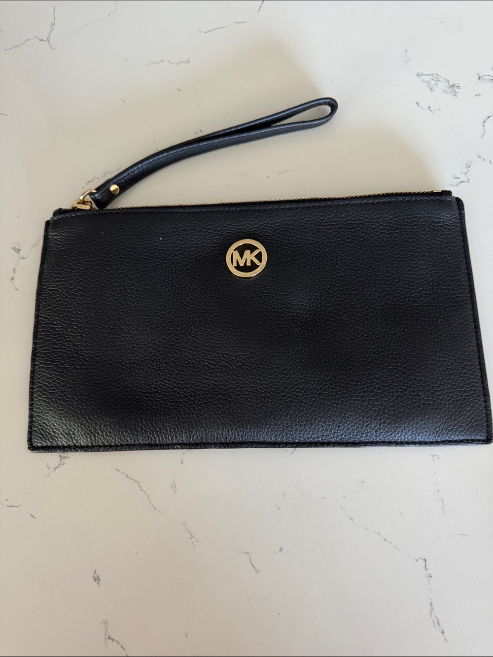 Michael Kors Black Leather Wristlet with Gold MK Logo